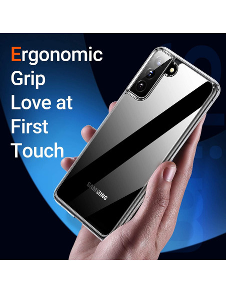 Samsung S21 med stöttåligt genomskinligt skal i hand, visande ergonomiskt grepp