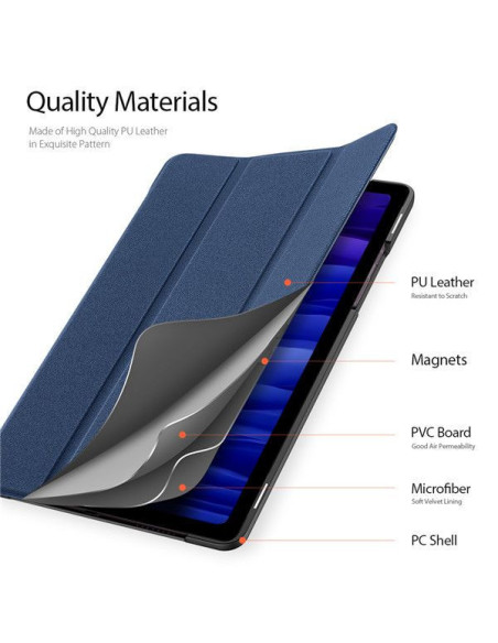 Närbild av svart Dux Ducis Domo fodral för Samsung Tab A7 10.4, med vikbar framsida och detaljerad insida
