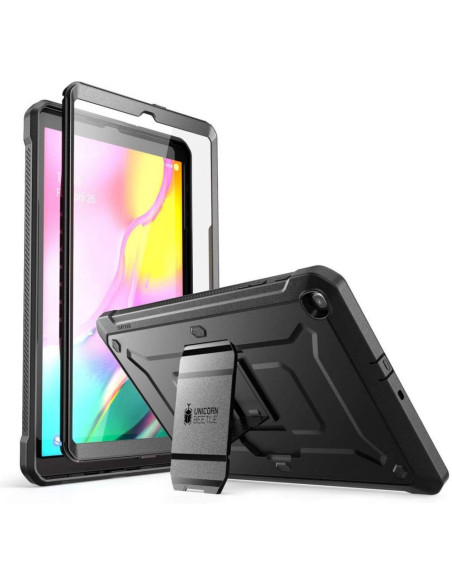 Stöttåligt skal för Samsung Tab A 10.1 med kickstand och skärmskydd, sett från sidan