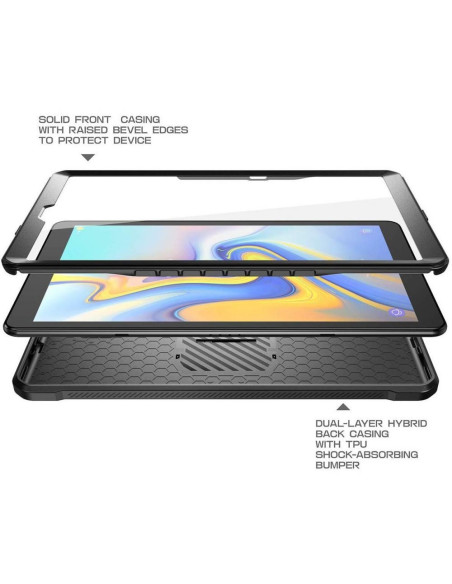 Detaljvy av stöttåligt skal för Samsung Tab A 10.1 med skärmskydd och kickstand