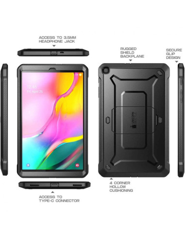 Samsung Tab A 10.1 i stöttåligt skal, sett framifrån med detaljerad vy av skärmskydd och kickstand