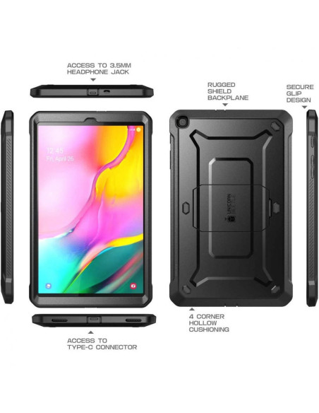 Samsung Tab A 10.1 i stöttåligt skal, sett framifrån med detaljerad vy av skärmskydd och kickstand