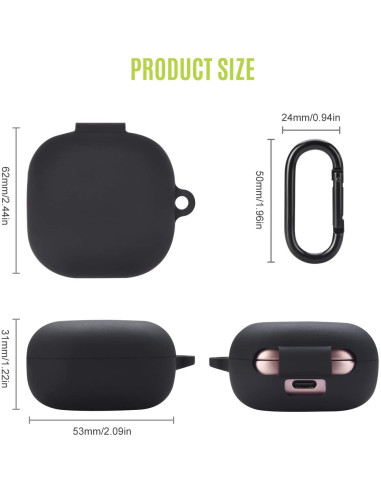 Silikonfodral för Samsung Galaxy Buds Pro/Live med mått och karbinhake i fokus