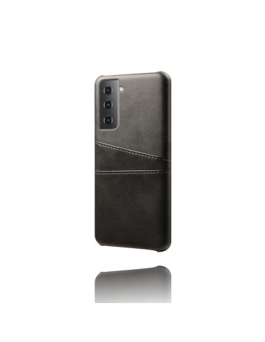 Svart mobilskal med korthållare för Samsung S21 Plus, sett från sidan med detalj av korthållaren