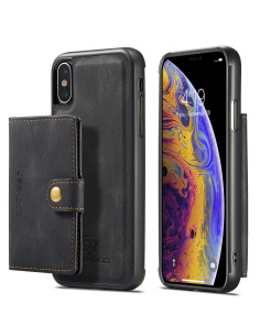 Svart stöttåligt skal för iPhone X med magnetisk korthållare, sett från sidan och framifrån 2