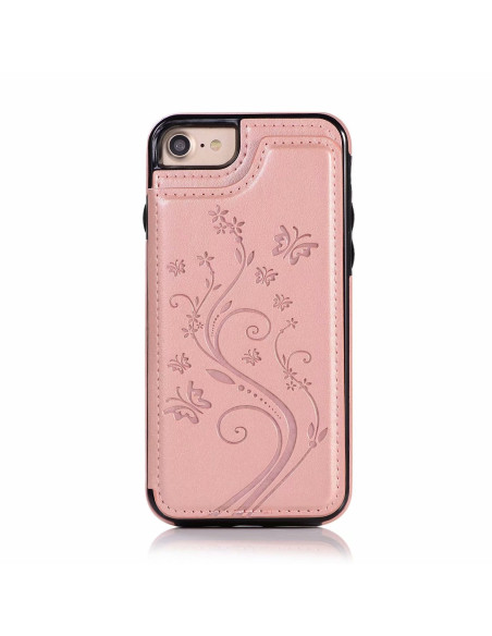 Svart och roseguld iPhone 7 skal med blommönster, sett bakifrån med tre kortfack