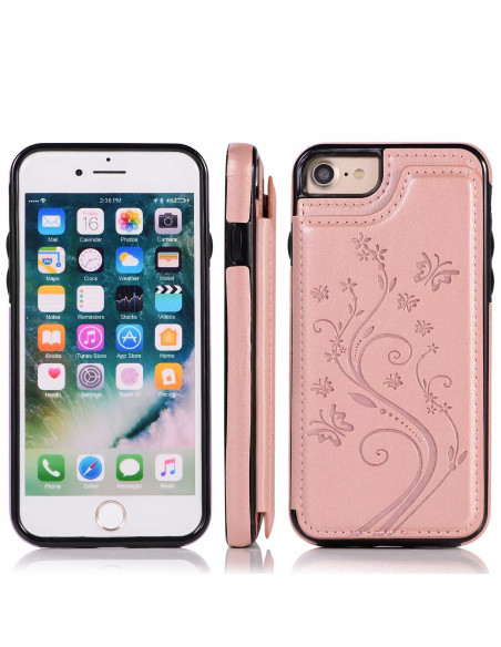 iPhone 7 skal i svart och roseguld med tre kortfack, öppet för att visa telefonens skärm och design