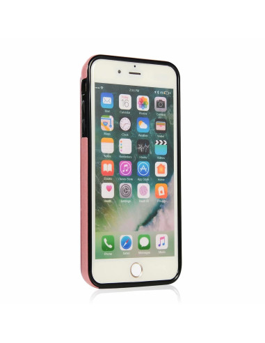 iPhone 8 Plus med stöttåligt flip-skal i svart och roseguld, sidovy med stängt lock