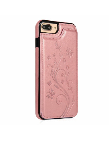 Baksidan av iPhone 8 Plus flip-skal i svart och roseguld med blommönster