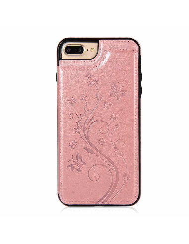 Baksidan av iPhone 8 Plus flip-skal i roseguld med blommönster och korthållare