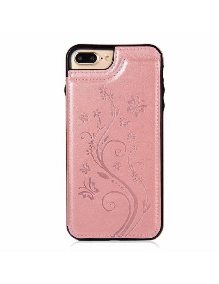 Baksidan av iPhone 8 Plus flip-skal i roseguld med blommönster och korthållare