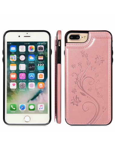 Framifrån vy av iPhone 8 Plus med stöttåligt flip-skal i roseguld och blommönster