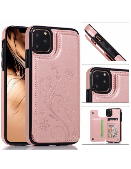Svart och roseguld flip-skal för iPhone 11 Pro Max med tre kortfack och blommönster