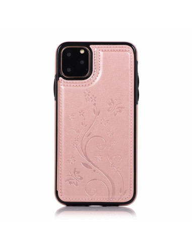 Baksidan av iPhone 11 Pro Max flip-skal i svart och roseguld med blommönster och tre kortfack
