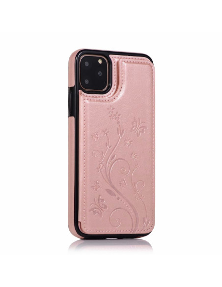 Detaljvy av iPhone 11 Pro Max flip-skal i roseguld med blommönster och kortfack