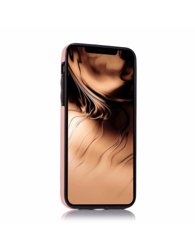 Framifrån vy av iPhone 11 Pro Max flip-skal i svart och roseguld med skärmen synlig
