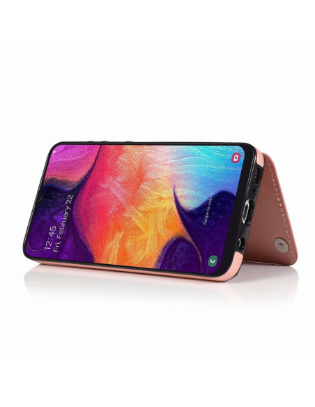 Samsung A50 skal i svart och roseguld, monterat på telefon med öppen flip-design