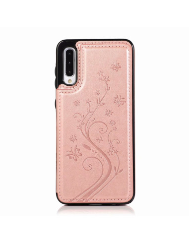 Samsung A50 skal med blommönster i roseguld, sett framifrån med stängd flip-design