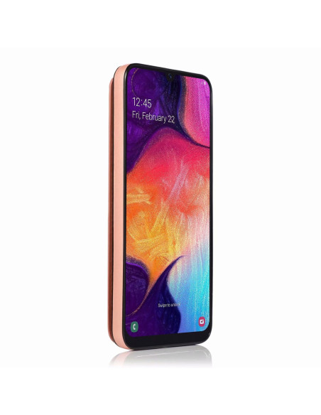 Samsung A50 skal i roseguld, sett från sidan med stängd flip-design och skärmvisning