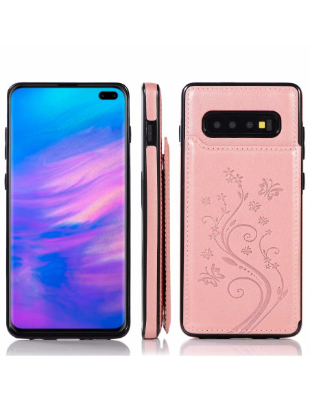 Framifrån vy av svart och roseguld flip-skal för Samsung S10 Plus med kortfack och blommönster
