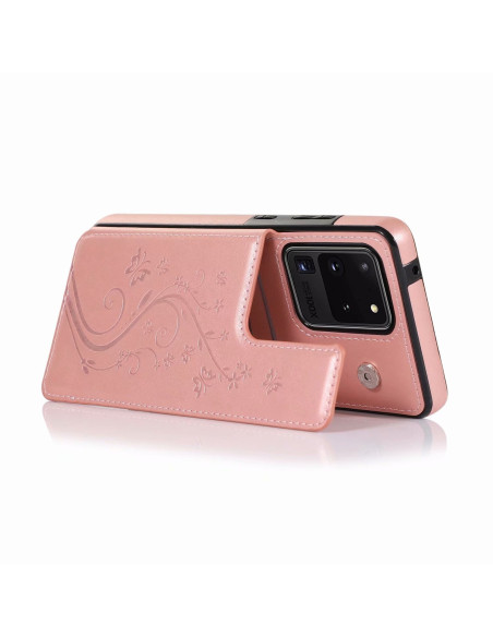 Svart och roseguld flip skal för Samsung S20 Ultra med blommönster, sett från sidan