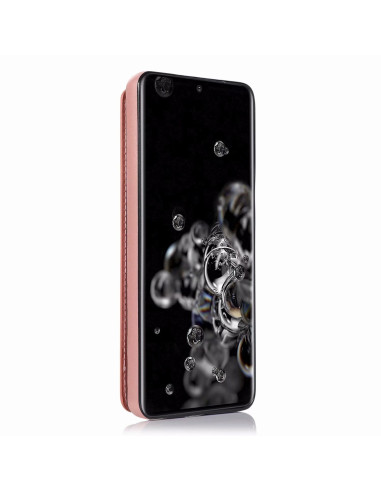 Samsung S20 Ultra flip skal i svart och roseguld, stängt läge med korthållare