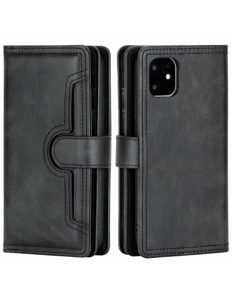 Svart plånboksfodral för iPhone 11 med stängning och öppet läge, visar framsidan och baksidan