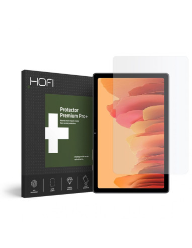 Hofi Glass Pro+ för Samsung Tab A7 10.4, monterad på surfplatta med förpackning i bakgrunden
