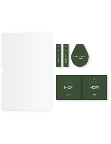 Tillbehör för installation av Hofi Glass Pro+ till Samsung Tab A7 10.4, inklusive rengöringsdukar och klistermärken
