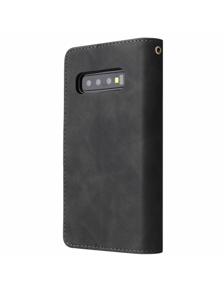 Svart plånboksfodral för Samsung S10 Plus med stängd dragkedja och sidovy
