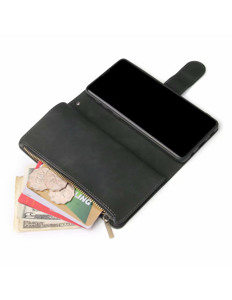 Svart plånboksfodral för Samsung S10 Plus med öppet lock, kort och kontanter synliga