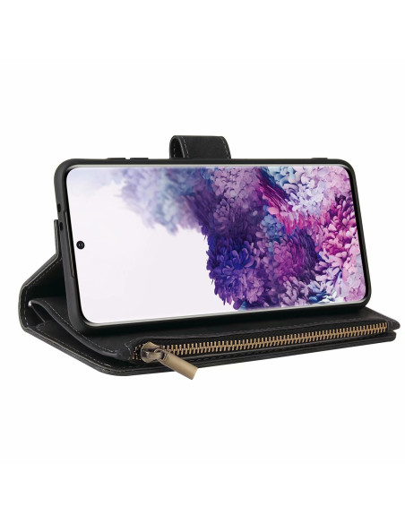 Plånboksfodral i svart konstläder med Samsung S21 Plus monterad framifrån och öppen dragkedja