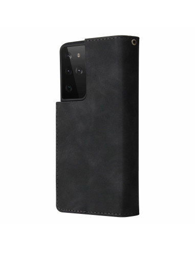 Svart plånboksfodral i konstläder med zip, designat för Samsung S21 Ultra, sett från sidan
