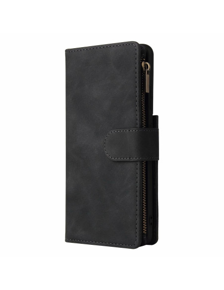 Svart plånboksfodral med zip för Samsung S21 Ultra, sett från sidan med stängd design