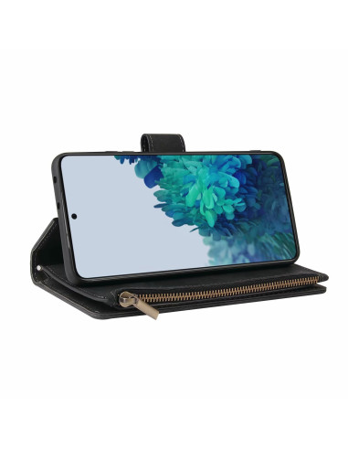 Plånboksfodral i svart konstläder med zip, monterat med Samsung S21 Ultra, sett framifrån
