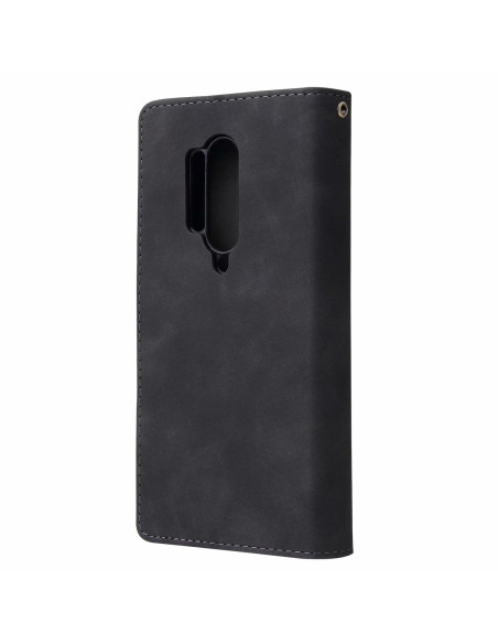 Sidan av OnePlus 8 Pro plånboksfodral i svart konstläder med kameraöppning
