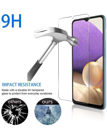 Närbild av härdat glas för Samsung A32 5G med fokus på 9H hårdhet och stötmotstånd