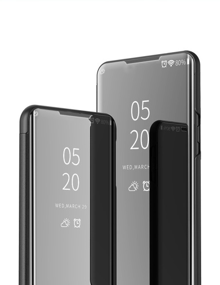 Samsung A32 5G flipfodral i svart med halvgenomskinlig framsida, stående vy