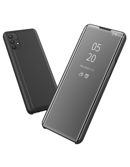 Samsung A32 5G flipfodral i svart, sett bakifrån med halvgenomskinlig framsida