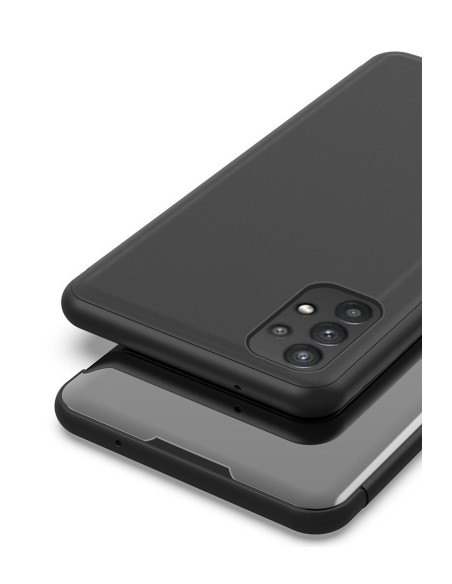 Samsung A32 5G flipfodral i svart, detaljvy av kanten med halvgenomskinlig framsida
