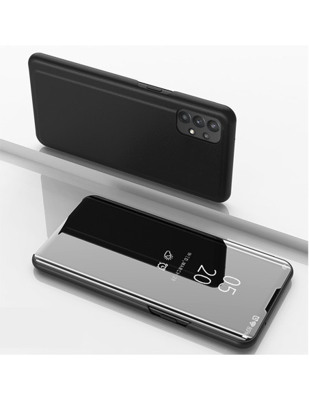 Samsung A32 5G flipfodral i svart, sett från sidan med stängd framsida och kamerautskärning