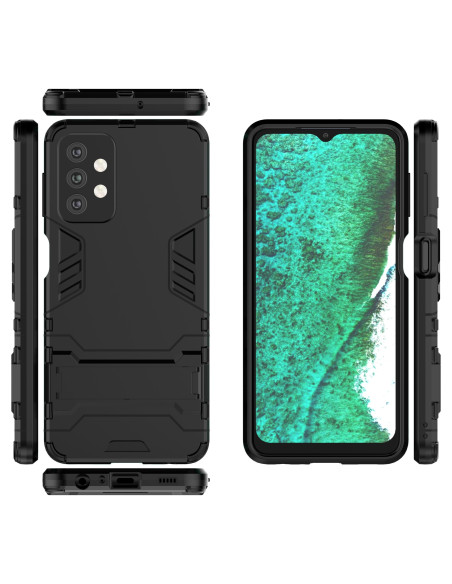 Samsung A32 5G skal med kickstand, visat från sidan och framifrån med detaljerad vy av telefonens skärm