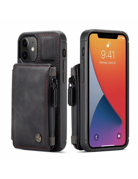 iPhone 12-skal med korthållare och dragkedja, sett från sidan och framifrån