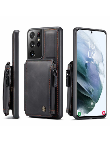 Samsung S21 Ultra Skal Korthållare &amp; Dragkedja 4-FACK CaseMe Flippr
