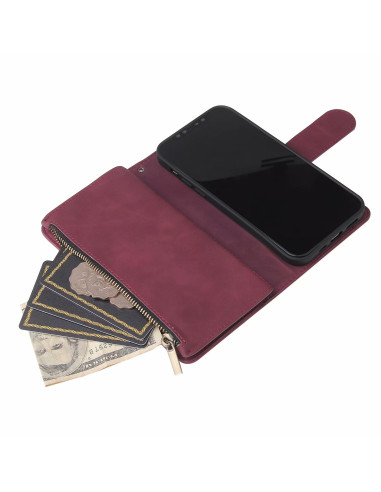 Öppet plånboksfodral i svart konstläder med iPhone 12 Pro Max och kortfack synliga