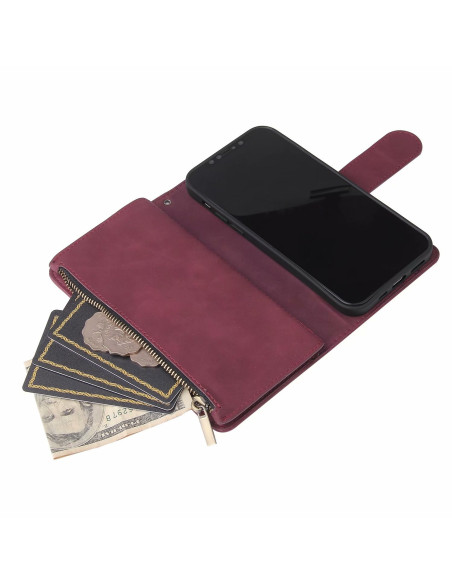 Öppet plånboksfodral i svart konstläder med iPhone 12 Pro Max och kortfack synliga