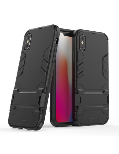 Svart stöttåligt skal för iPhone XS Max med kickstand, sett framifrån och bakifrån
