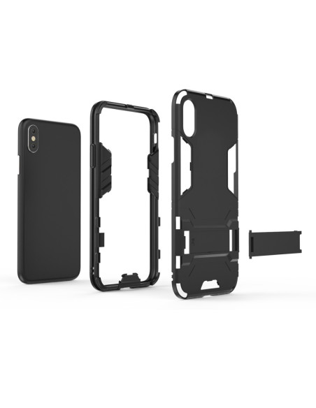 Svart stöttåligt skal för iPhone XS Max med kickstand, visat i flera delar och perspektiv