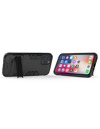 iPhone 11 Pro Max skal i svart TPU med kickstand, visat bakifrån och framifrån