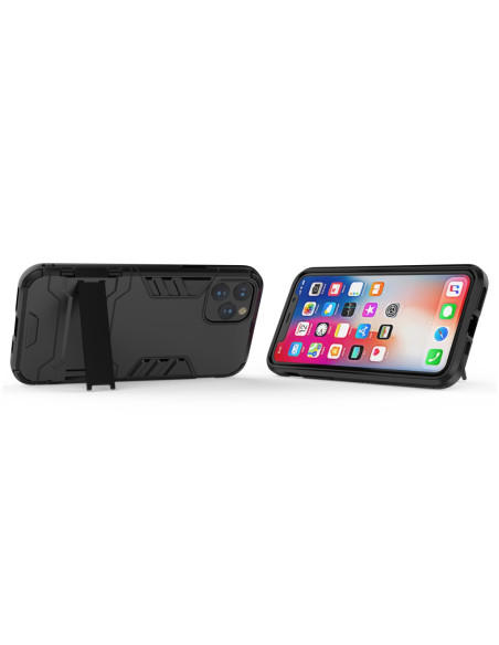iPhone 11 Pro Max skal i svart TPU med kickstand, visat bakifrån och framifrån